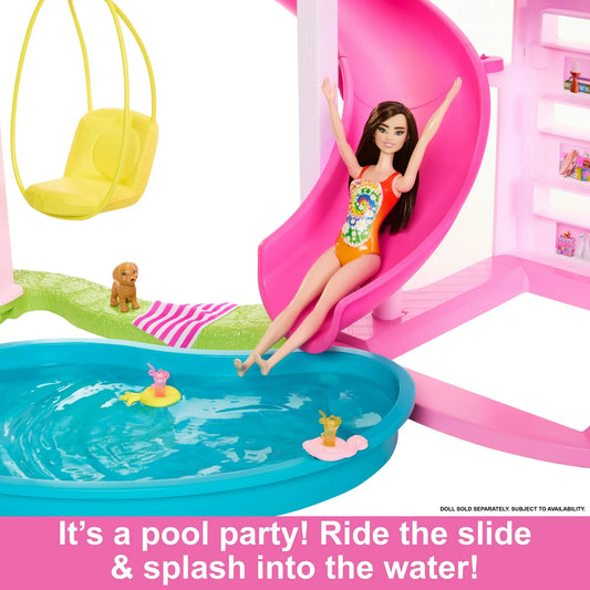 Barbie Dreamhouse Pool Party Doll House and Playset with 75+ Pieces, 45 in, Slide & Puppy Elevator